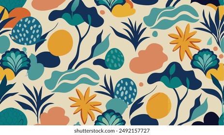 Abstractas patrón sin costuras con Formas naturales. fruta tropical y garabatos exóticos de verano. El fondo de moda de moda incluye arte minimalista moderno