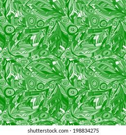 Abstract seamless pattern with nature motifs. Leaves, circles, stones, hippie pattern.   Painted hands. Vector.