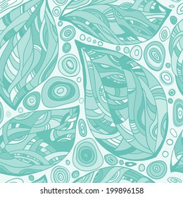 Abstract seamless pattern with nature motifs. Leaves, circles, stones. Painted hands. Vector. 