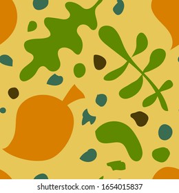 Abstract seamless pattern with nature shapes or marks and leaves on orange background. 