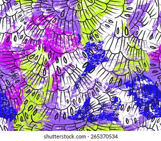 Abstract seamless pattern in neon colors with blob effect.  Feather hand drawn background. Scale texture, animal pattern. Vector 