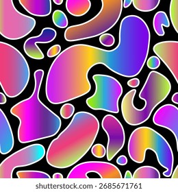Abstract seamless pattern with neon gradient blobs and organic shapes on black background. Perfect for streetwear, fashion textiles, and modern digital design