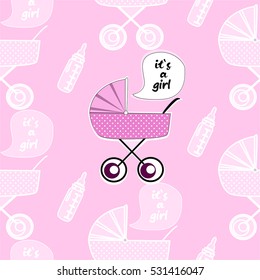 Abstract seamless pattern for newborn, girls,boys, kids. Creative vector background with baby carriage, bottle, inscription.Funny wallpaper for textile and fabric. Fashion style. Colorful bright. 