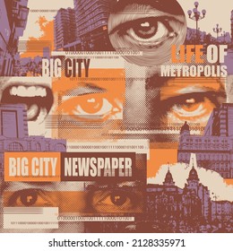 Abstract seamless pattern with newspaper headlines, human eyes, cityscapes on an old paper. Chaotic vector background on the theme of city life. Suitable for wallpaper, wrapping paper, fabric design