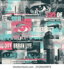 Abstract seamless pattern with newspaper headlines, concerned human eyes, urban landscapes. Chaotic vector background on the theme of city life in retro style. Wallpaper, wrapping paper, fabric design