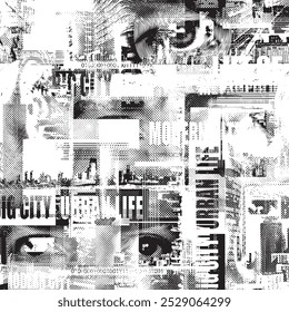 Abstract seamless pattern with newspaper headlines, concerned human eyes, urban landscapes. Chaotic vector background on the theme of city life in retro style. Wallpaper, wrapping paper, fabric design
