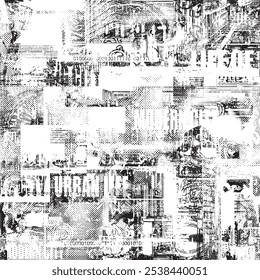 Padrão sem emenda abstrato com manchetes de jornais, preocupou olhos humanos, paisagens urbanas. Vetor caótico de fundo sobre o tema da vida da cidade em estilo retro. Papel de parede, papel de embrulho, design de tecido