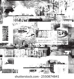 Abstract seamless pattern with newspaper headlines, concerned human eyes, urban landscapes. Chaotic vector background on the theme of city life in retro style. Wallpaper, wrapping paper, fabric design