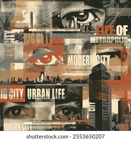 Abstract seamless pattern with newspaper headlines, concerned human eyes, urban landscapes. Chaotic vector background on the theme of city life in retro style. Wallpaper, wrapping paper, fabric design