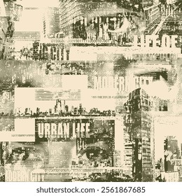 Abstract seamless pattern with newspaper headlines, concerned human eyes, urban landscapes. Chaotic vector background on the theme of city life in retro style. Wallpaper, wrapping paper, fabric design