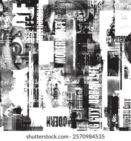 Abstract seamless pattern with newspaper headlines, concerned human eyes, urban landscapes. Chaotic vector background on the theme of city life in retro style. Wallpaper, wrapping paper, fabric design