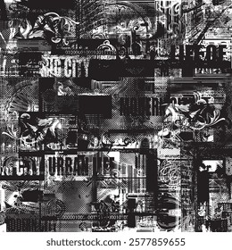 Abstract seamless pattern with newspaper headlines, concerned human eyes, urban landscapes. Chaotic background on the theme of city life in grunge style. Wallpaper, wrapping paper, fabric design