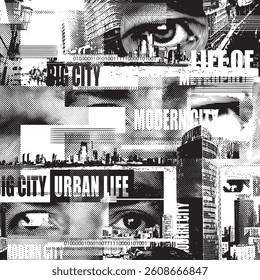 Abstract seamless pattern with newspaper headlines, cityscapes and human eye. Chaotic vector background on the theme of urban life in grunge style. Wallpaper, wrapping paper, fabric design, t-shirt