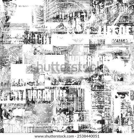 Abstract seamless pattern with newspaper headlines, concerned human eyes, urban landscapes. Chaotic vector background on the theme of city life in retro style. Wallpaper, wrapping paper, fabric design