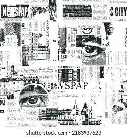 Abstract seamless pattern with newspaper and magazine clippings in grunge style. Monochrome vector background with imitations of text, illustrations, headlines. Wallpaper, wrapping paper, fabric