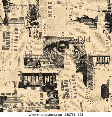 Abstract seamless pattern with newspaper or magazine, human eyes, urban landscapes. Chaotic vector background on theme of city life in retro style. Wallpaper, wrapping paper, fabric design