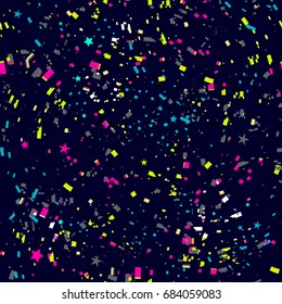 Abstract seamless pattern. night sky with stars, colorful geometric elements, confetti. cute colorful retreated backdrop for girls, child, textile, clothes, wrapping paper. 