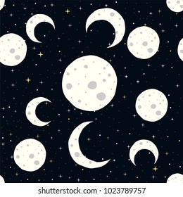 Abstract seamless pattern with night stars, clouds and moons.