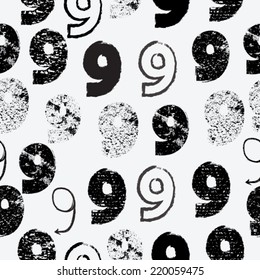 Abstract Seamless Pattern of Number Nine in Grunge Style with Textures or Brush only. Vector Design.