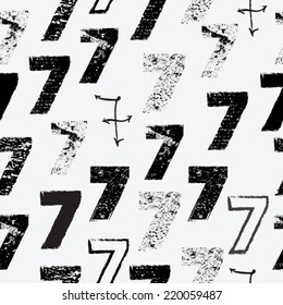 Abstract Seamless Pattern of Number Seven in Grunge Style with Textures or Brush only. Vector Design.