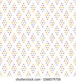 Abstract seamless pattern with object from squares in yellow, blue, red and lilac colors on white background