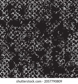 Abstract seamless pattern with occult signs and magical runes. Vector background with esoteric, mystical symbols on a black backdrop in grunge style. Suitable for wallpaper, wrapping paper, fabric