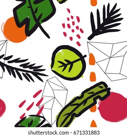 Abstract seamless pattern with oil paint  palm leaves in memphis style. Hand drawn tropical paint brushes background.