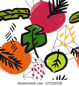 Abstract seamless pattern with oil paint  palm leaves in memphis style. Hand drawn tropical paint brushes background.