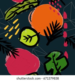 Abstract seamless pattern with oil paint  palm leaves in memphis style. Hand drawn tropical paint brushes background.