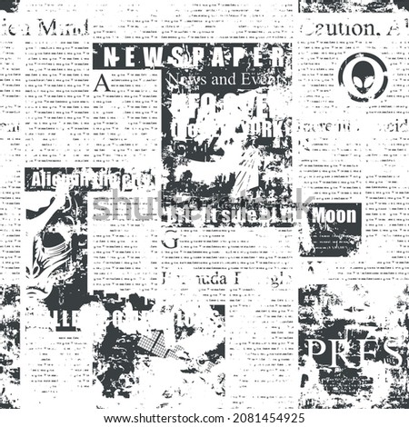 Abstract seamless pattern with an old faded newspaper with illegible text, titles and illustrations. Monochrome black and white vector background in grunge style, wallpaper, wrapping paper or fabric