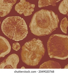 Abstract seamless pattern with old wood saw cuts on a beige backdrop. Wooden texture with annual rings on stumps of various shapes. Vector background with cross-sections of old trees in retro style