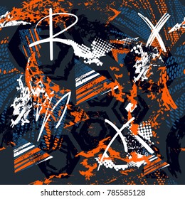 Abstract seamless pattern on background with elements. Colorful repeated backdrop for boys, girls, textile, clothes, wrapping paper. 