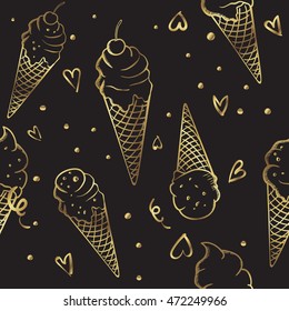 Abstract seamless pattern on black backgound with golden hand drawing ice craem. Girlish fashion repeated backdrop with hearts and dots.Creative original wallpaper for girls.