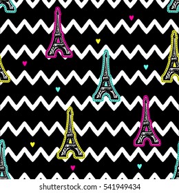 Abstract seamless pattern on black background with curved lines zigzag, hearts, and patch badges Paris Eiffel Tower in bright color. repeated backdrop for girls, fashion textile, wrapping paper.