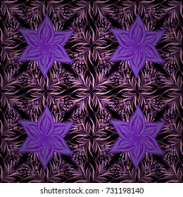 Abstract seamless pattern on black, violet and purple colors with bright flowers. Elegant vector texture with floral elements. Cute floral pattern in the small flower.
