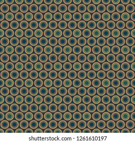 Abstract seamless pattern on a blue background. Consists of colored round geometric shapes. Polka dot. Useful as design element for texture and artistic compositions.