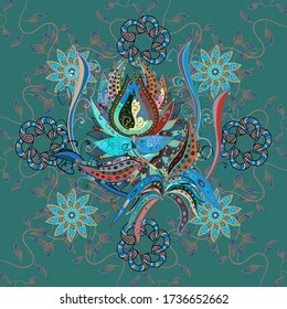 Abstract seamless pattern on blue, gray and pink colors with bright flowers. Elegant vector texture with floral elements. Cute floral pattern in the small flower.