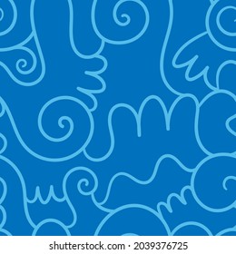 Abstract seamless pattern on blue background. Doodle  wallpaper. Line art wave print.