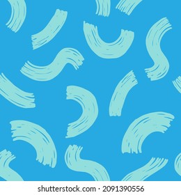 Abstraktes, nahtloses Muster auf blauem Hintergrund. Linien, Formen, Kurven, Bögen. Vektordesign für Textilien, Hintergründe, Kleidung, Wickelpapier und Tapete. Modegrafik nahtloses Muster.