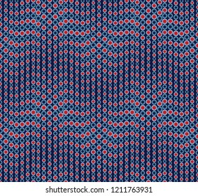 Abstract seamless pattern on dark blue background. Has the shape of a wave. Consists of round geometric shapes. Useful as design element for texture and artistic compositions. 