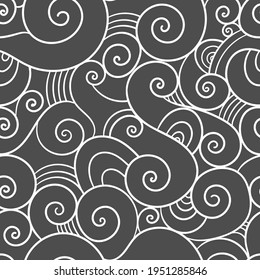 Abstract seamless pattern on dark background. Doodle sea wallpaper. Line art waves print.