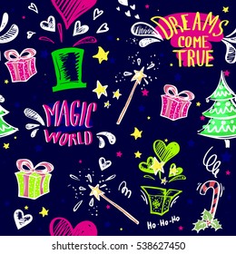 Abstract seamless pattern on dark blue background with funny colorful sketch hand drawing elements Gentleman's hat, sunglasses, stars, magic wand, words Dreams come true. Seamless background for paper