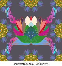 Abstract seamless pattern on gray, green and blue colors with bright flowers. Elegant vector texture with floral elements. Cute floral pattern in the small flower.