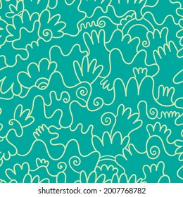 Abstract seamless pattern on green background. Doodle plants wallpaper. Line art branched print.