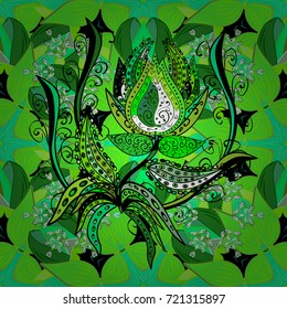 Abstract seamless pattern on green, black and white colors with bright flowers. Elegant vector texture with floral elements. Cute floral pattern in the small flower.