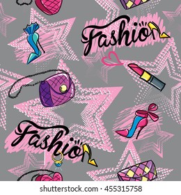 Abstract seamless pattern on grey background with light pink stars, colorful drawing shoes, women's handbags, lipstick. Fashion background with original creative modern design. Girlish tender backdrop