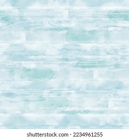 Abstract seamless pattern on the marine theme with waves on a blue watercolor background. Vector. Perfect for design templates, wallpaper, wrapping, fabric and textile.