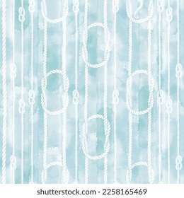 Abstraktes nahtloses Muster auf dem Meeresthema mit Seilen, nautische Knoten auf blauem Hintergrund.  Vektorgrafik. Perfekt für Design-Vorlagen, Tapeten, Umhüllung, Gewebe und Textilien.