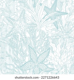 Resumen de un patrón sin fisuras sobre el tema marino con plantas submarinas, pez estrella sobre fondo de mosaico. Vector. Perfecto para plantillas de diseño, papel pintado, envoltura, tela y textil.