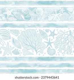 Abstract seamless pattern on the marine theme with underwater plants, starfish, seashells and blue watercolor stripes. Vector. Perfect for design templates, wallpaper, wrapping, fabric and textile.